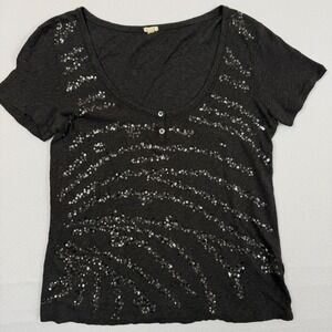 J.Crew Gray Sequin Henley T-Shirt Short Sleeve Cotton Top Womens S